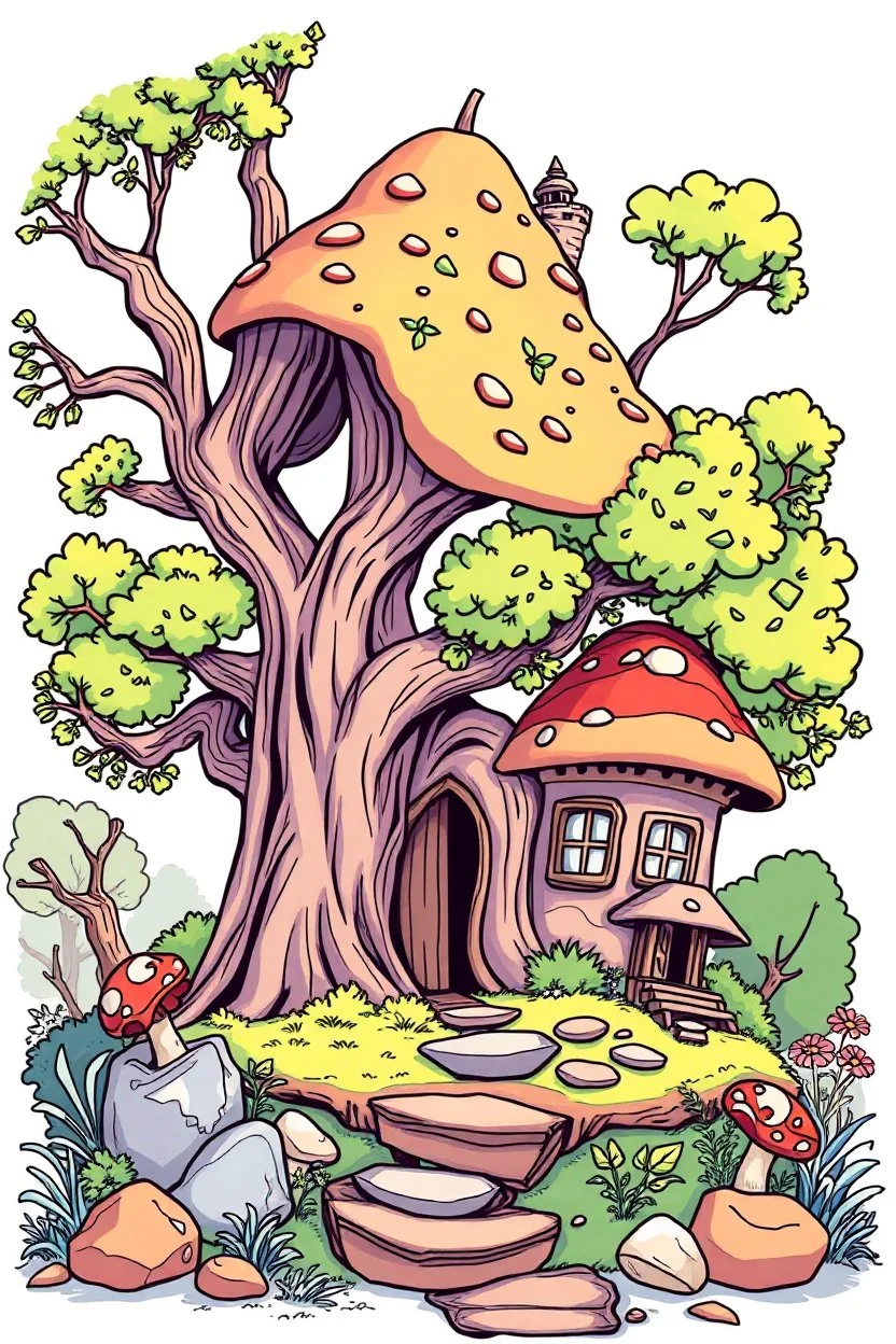 outline art for square twisted old oak tree mushroom cottage full vivid colored page for kids, classic manga style, anime style, realistic modern cartoon style, full color background, sketch style, only use outline, clean line art, no shadows, clear and well outlined