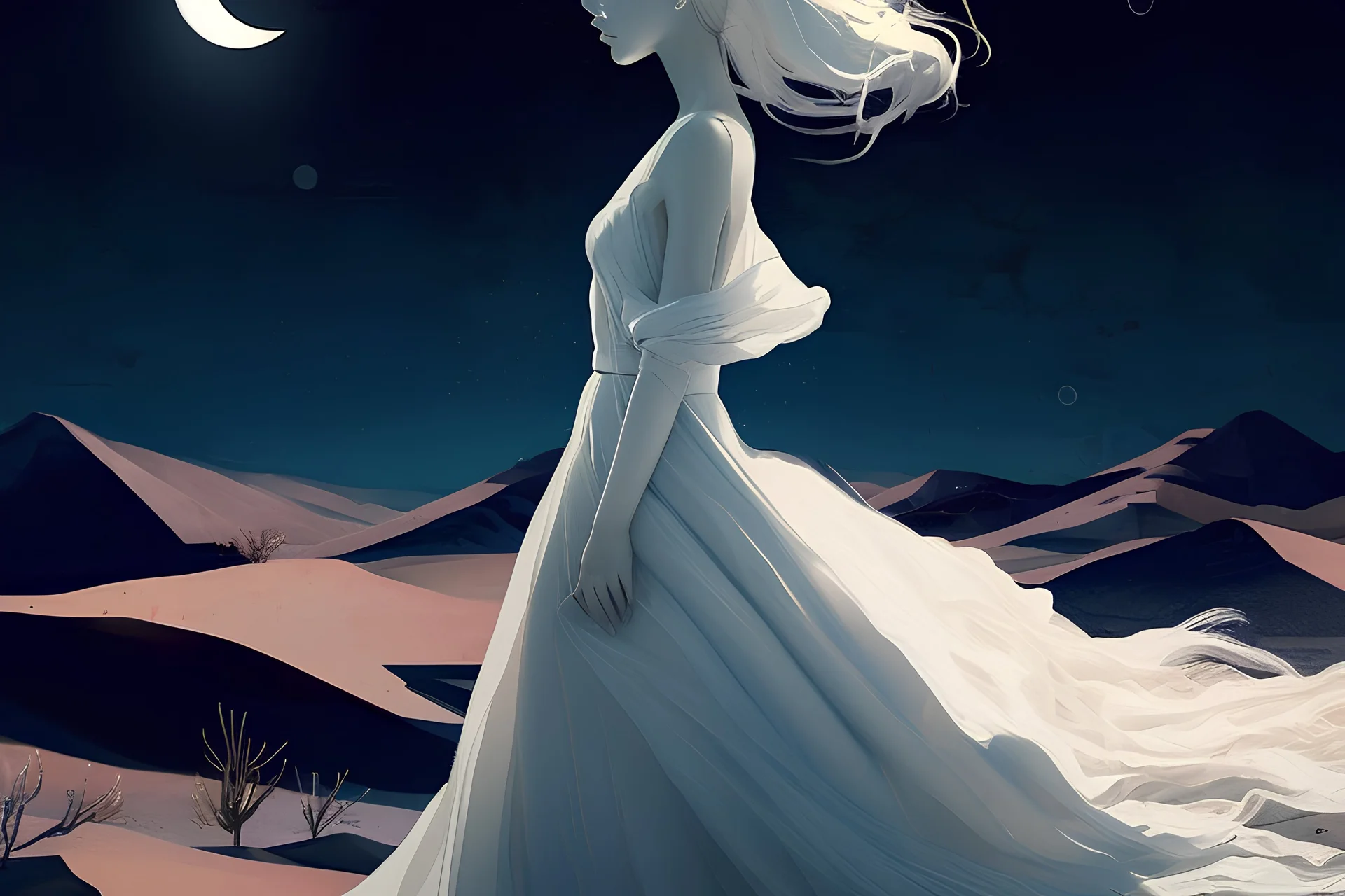 (masterpiece), best quality, expressive eyes, perfect face, 2.16k, ultra detailed, high quality, illust, desert, back ground night desert, There's a faceless woman, A woman in a white dress where all of her skin is pure white, she's ghost, side shot,