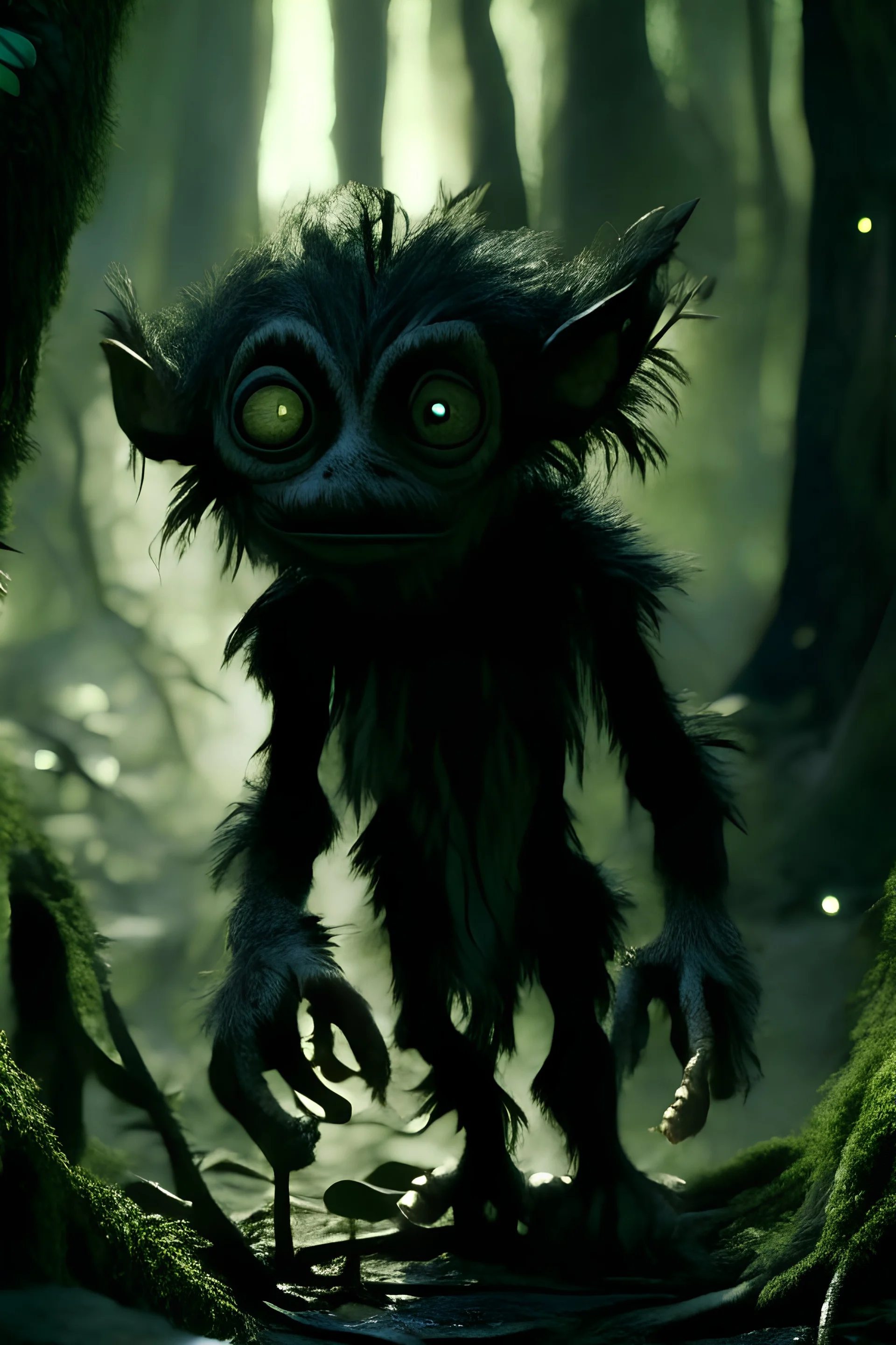 The creature is a small, agile humanoid with fur-covered limbs and large, expressive eyes, blending seamlessly with the shadows of the forest. Background of an ancient woodland grove, illuminated by dappled sunlight filtering through the dense canopy, highlighting the creature's feral features in a cinematic portrait – aspect ratio 4:7.