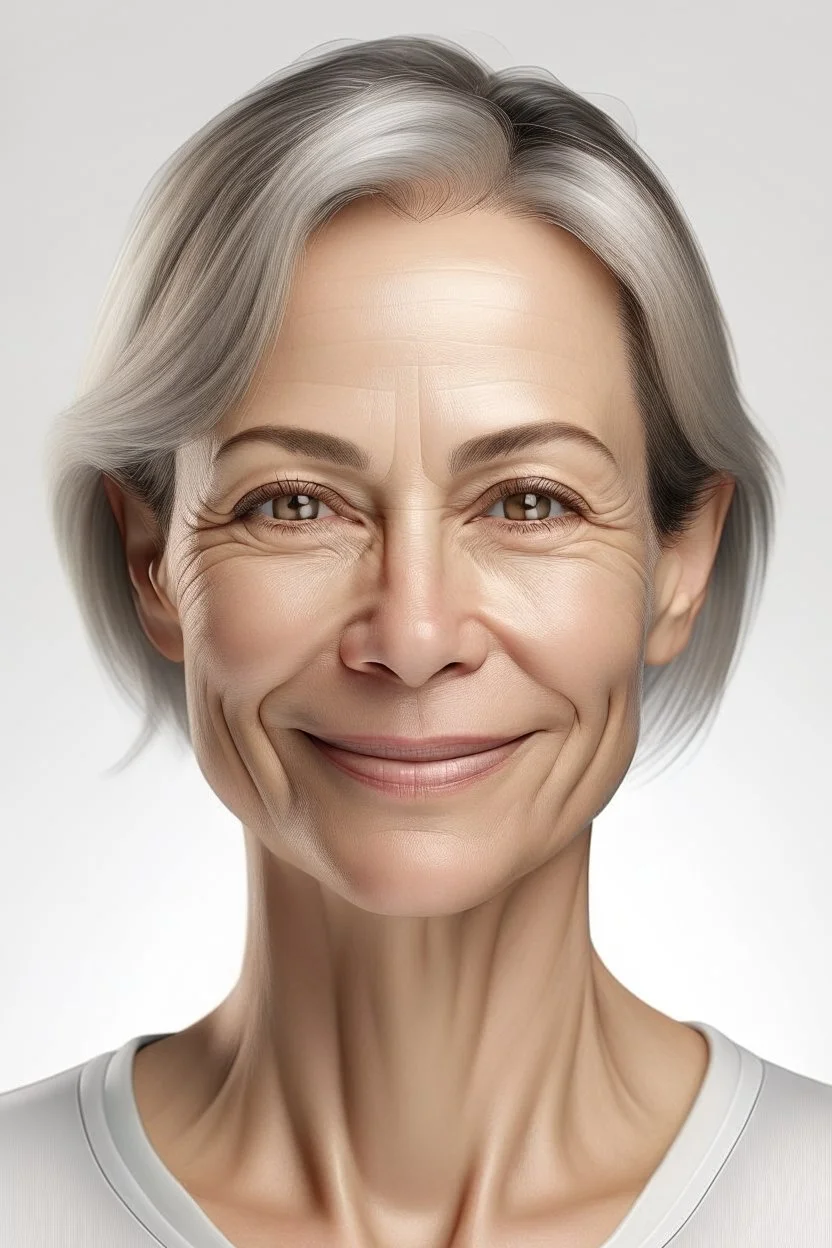 realistic, (49yr old female)without makeup, Caucasian beautiful face, dark hair, wearing a tight white shirt, studio lighting, cinematic light, beautiful woman, milk beige middle hair, perfect anatomy, very cute smile, (head frame), on white background, 8k Resolution, human hands, curiously complete, elegant, close to perfection, dynamic, highly detailed, character sheet, concept art, smooth, non symmetrical body and balanced directly towards the viewer, detailed hairstyles