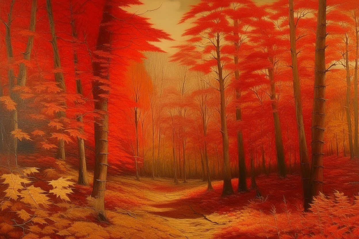 An orangish red autumn season woodland with falling leaves painted by Leonardo da Vinci