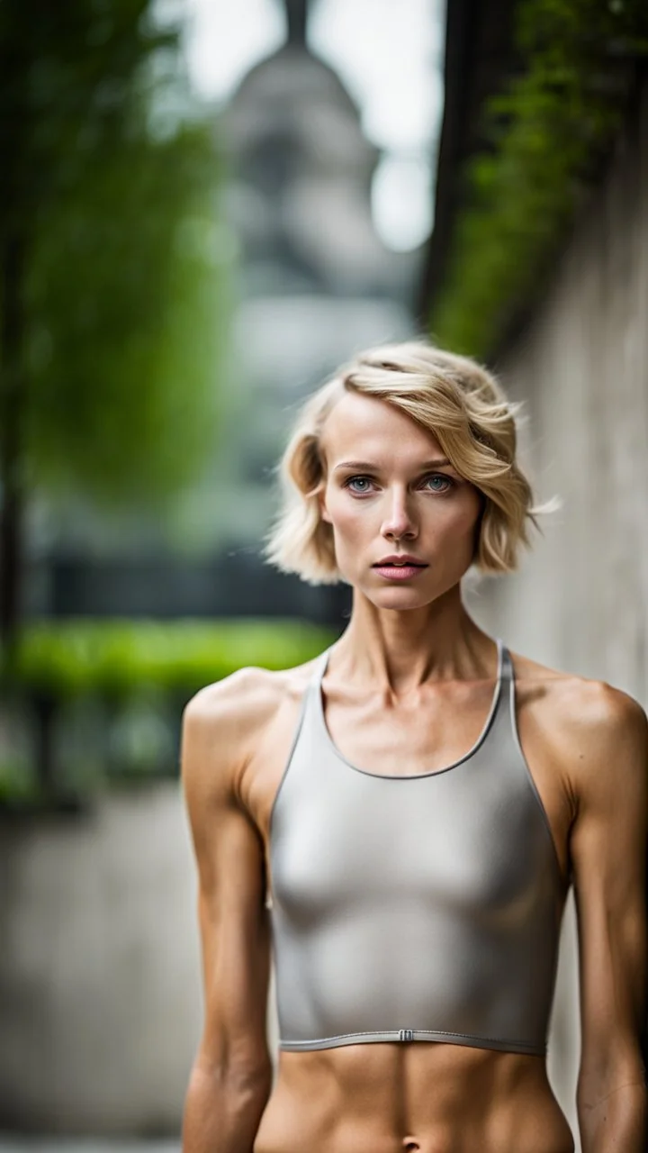 beautiful anorexic woman, total shot, short silver triathlon swimsuit, short blond wavy bob hair, blurred concrete background