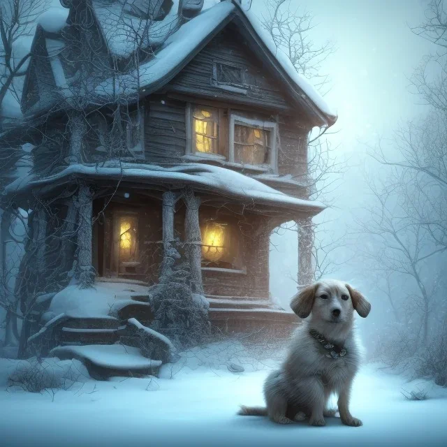 sad, scared, sad, lonely dog tied with a leash in front of a house, winter, 8k resolution, high-quality, fine-detail, intricate, digital art, detailed matte, volumetric lighting, illustration, 3D octane render, brian froud, howard lyon, selina french, anna dittmann, annie stokes, lisa parker, greg rutowski