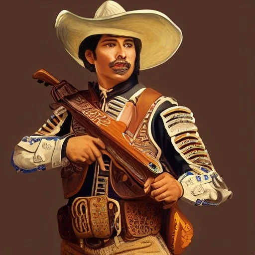 portrait,"Insanely detailed photograph of a mariachi warrior", charo with gun belt, sequenced Sombrero,handsome, detailed D20 flair, digital painting, artstation, concept art, smooth, sharp focus, illustration, art by artgerm and greg rutkowski and alphonse mucha, 8 k