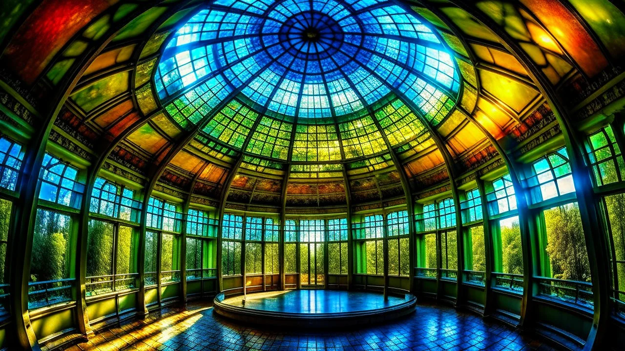 inside an art deco-style, colorful, high-definition, regularly domed glass pavilion in a shady forest, wide angle, very detailed elaboration, high light