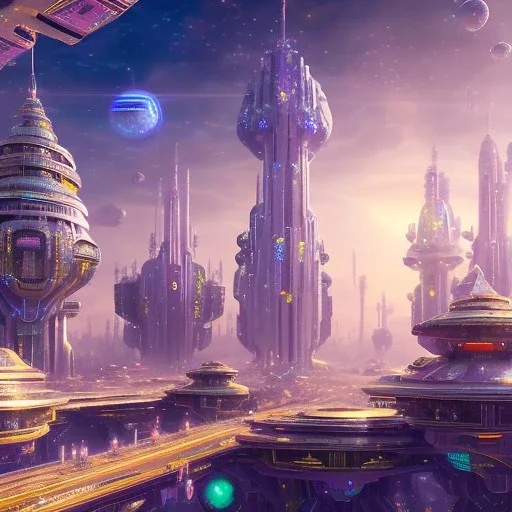 futuristic city with astroport and transparent bridges, galactic landsacape with multicolored crystals falling from the sky, full of details, smooth, bright sunshine，soft light atmosphere, light effect，vaporwave colorful, concept art, smooth, extremely sharp detail, finely tuned detail, ultra high definition, 8 k, unreal engine 5, ultra sharp focus