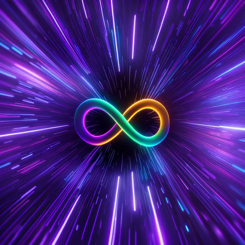 infinity symbol ∞ moving at warp speed, in space, striking, neon, chiaroscuro, dramatic, captivating, powerful, fantasy, beautiful, octane render, 16k post-production, artstation: award-winning: atmospheric: commanding: fantastical: clarity: ultra quality: striking: brilliance: stunning colors: amazing depth; lens: f/11, 35mm