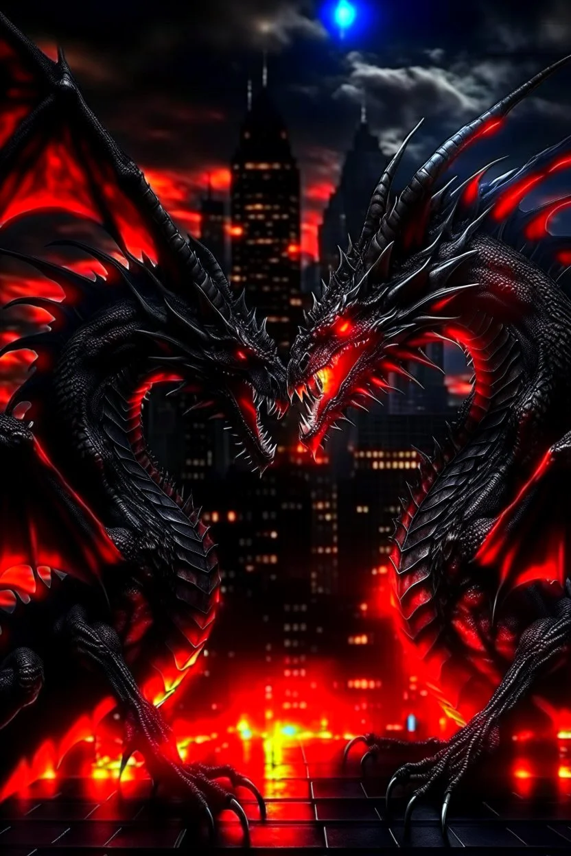 black dragon and red dragon facing each other with glowing eyes on top of a high rise building dark fantasy