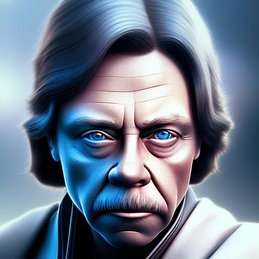 upper body photorealistic jedi mark hamill in Star Wars, sharp blue eyes, photorealistic weathered skin, short hair, dark brown jedi robe, cinematic lighting,