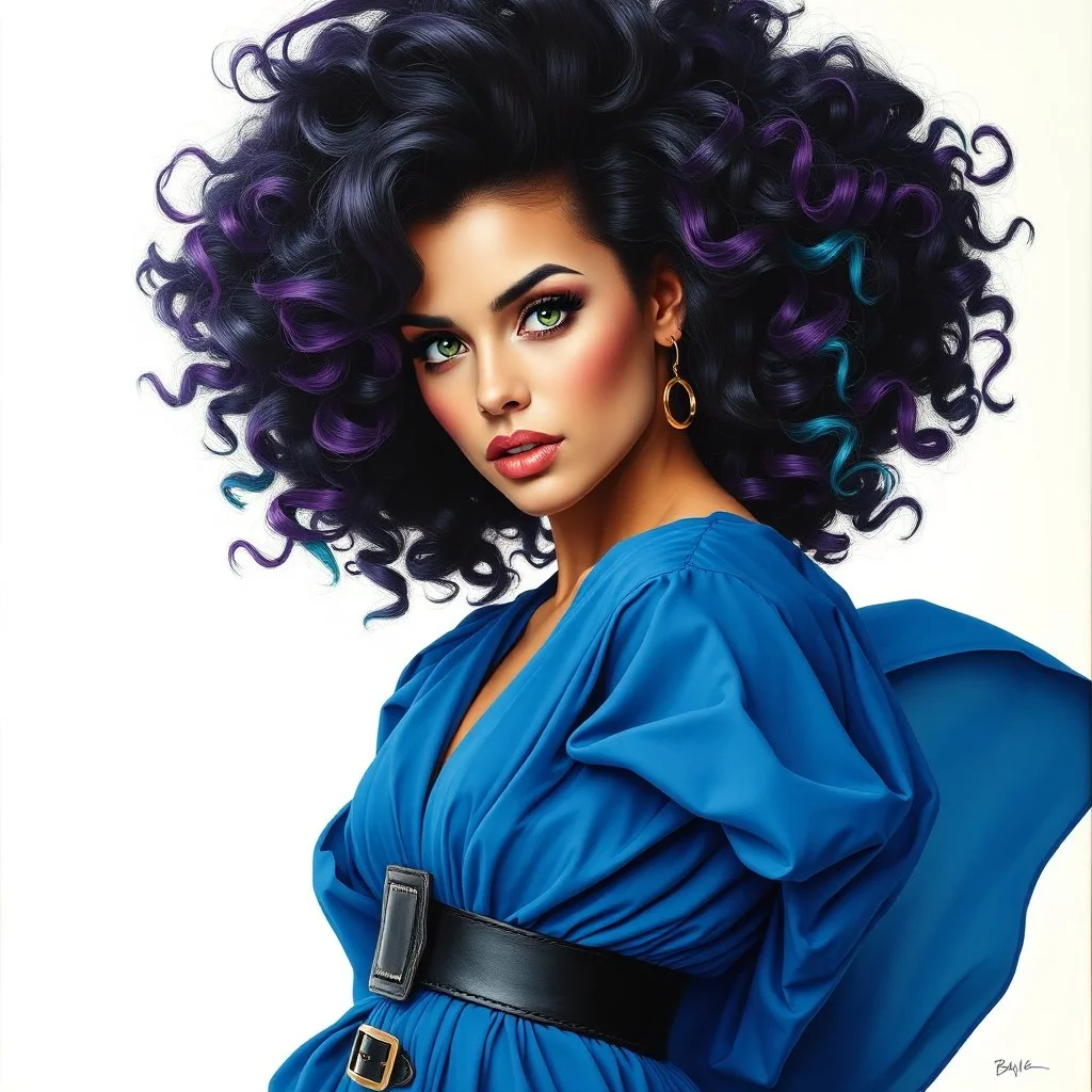 A stunning green eyed woman with curly black updo with purple, thick, teal and turquoise highlights and long eyelashes.Blue flowing dress model type, beautiful pose, large format, white background. She wears a wide belt around the waist, black boots on her feet, head not shaved, Harper's BAZAAR style, airbrush oil painting.