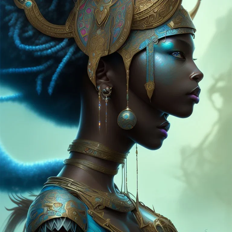 sango fantasy, fantasy magic, intricate, sharp focus, illustration, highly detailed, digital painting, concept art, matte, masterpiece head sexy view black African beauty black afro hair space lady turquoise snakeskin Indonisian princess