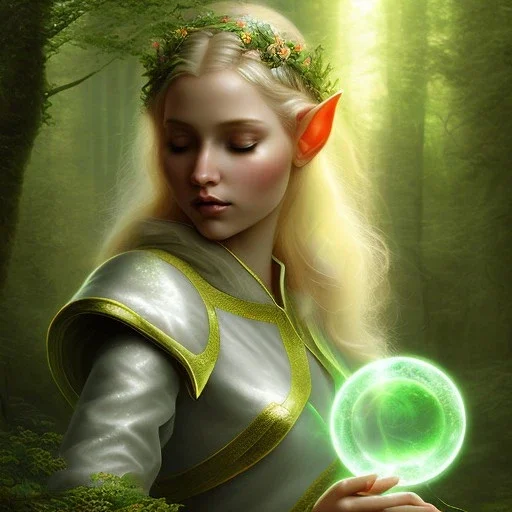 romantic fantasy spray painting, portrait of cute green eyed blonde robed elf poet with halo sitting in huge marble , bubbles, loosing torch in magical forest, foliage frame, magic wand