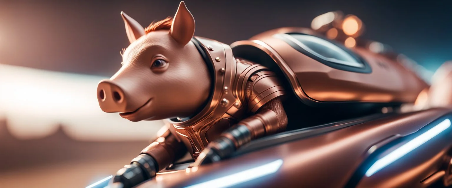 close up on elon musk riding an awesome spaceship in copper, fast one in the shape of a horsepig is half horse half pig, now its gonna do an awesome gig , bokeh like f/0.8, tilt-shift lens 8k, high detail, smooth render, down-light, unreal engine, prize winning