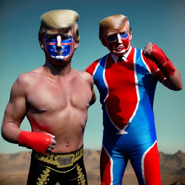 realistic image of donald trump as a mexican wrestling fighter posing outdoors, Mexican eyes wrestling mask, red and blue breeches, suspenders, retro style, 80s, vibrant color, highly detailed, sky background, concept art, unreal engine 5, god rays, ray tracing, RTX, lumen lighting, ultra detail, volumetric lighting, 3d, finely drawn, high definition, high resolution.