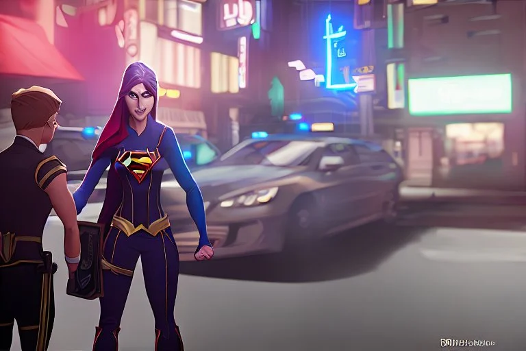 Supergirl being fined with a ticket by a street policeman.