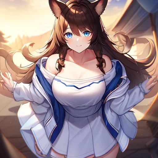 Clear focus, High resolution, Long fluffy brown hair, blue eyes, wearing a white skirt, detailed outfit, wearing a jacket oversized off shoulder, rough line, hair above ears, dog ears, off shoulder white shirt, chopped bangs, parted hair, medium locks straight