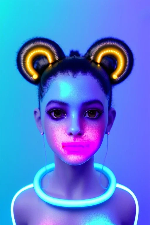 Rosalía, artist, natural, Realistic, waist up portrait, make up. Eyes, make up, glow, iris, eye liner. Hair, pigtails. lips, gold. big rings piercing, led ornament, pearls. Hand, baseball bat, Coat, smile pin, inflatable latex, cold, led lights, minimal, neon, pink, blue, gold, vibrant color, highly detailed, art stations, concept art, smooth, unreal engine 5, god lights, ray tracing, RTX, lumen lighting, ultra detail, volumetric lighting, 3d, finely drawn, high definition, 4k.