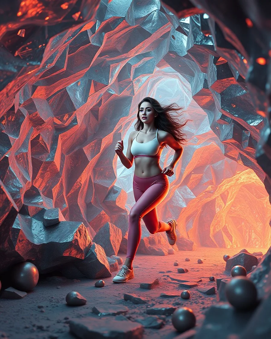 make a picture pretty cave made of crystal and metallic 3d fractal recursive cubic and sphere base structures and a beautiful fashion model lady with cute,curvy long hair,makeup, in pretty sports suit is running inside cave ,dynamic camera fallow her inside cave capturing full body, dynamic lights.