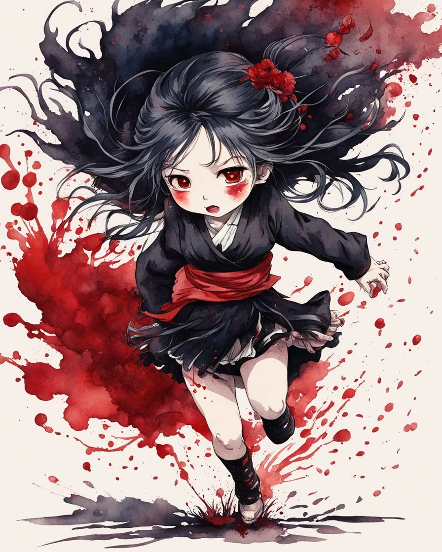 Petit girl goth, run pose, fullbody, splashes blood, behind guts rising from the ground, watercolor illustration by <Katsushika Hokusai>, darkred tones,