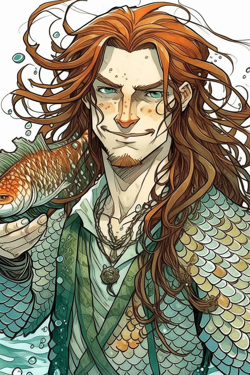 wet pirate nereid male with fish scale skin,and seaweed in long auburn hair