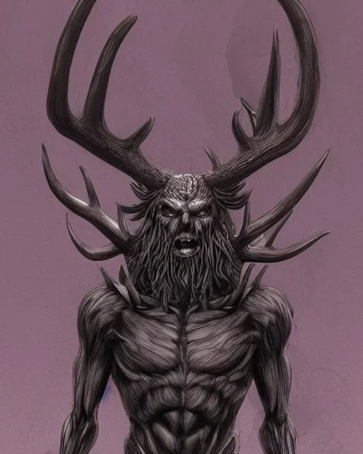 humanoid figure monster with antlers, highly detailed, digital art, sharp focus, trending on art station, kentaro miura manga art style