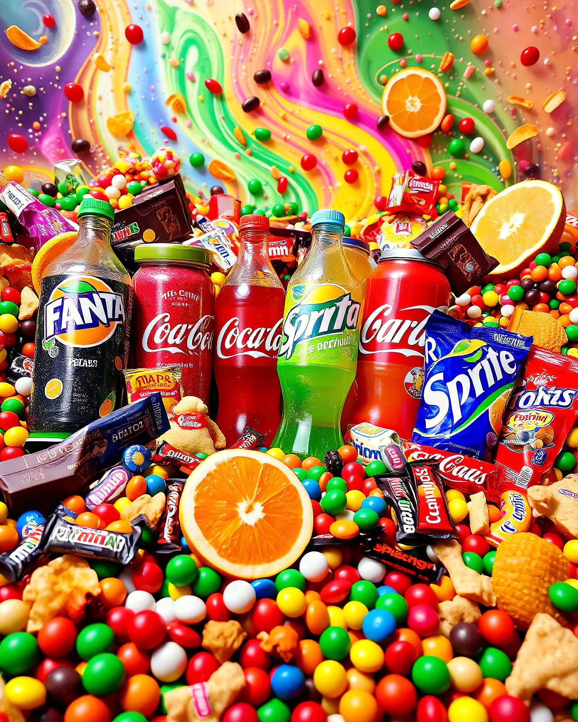 An image filled with Fanta, Coca-Cola, Sprite, chocolate, various fruit juices, candies, tropical fruit slices, various types of chocolates from global brands, M&M chocolates, chips, snacks, and chewing gum in a psychedelic, colorful, and eye-catching space.