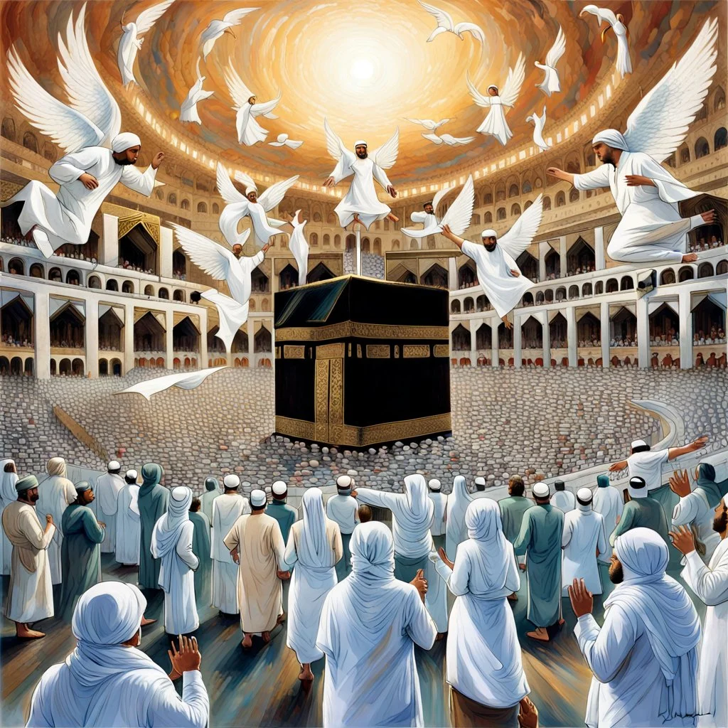 The scene in Mecca: People wearing white Ihram clothes, men without head coverings, women with veils, circumambulating around the Kaaba, and above them are transparent white spirits of children, men, and women with wings revolving around the Kaaba.