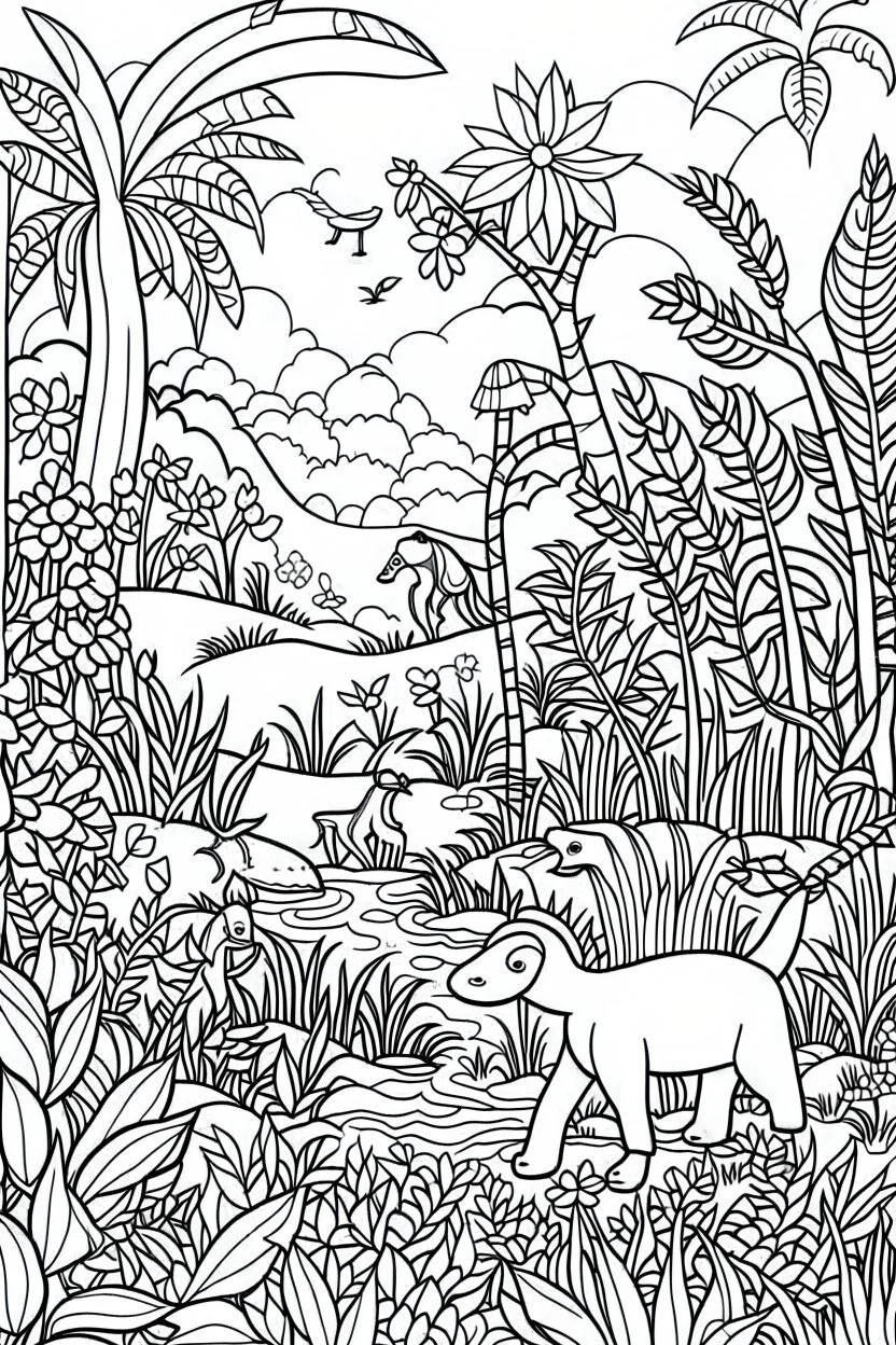 Stress Relief coloring page for kids, A cute jungle with playful animals, vibrant landscapes, and blooming flowers for Safari Adventure, cartoon style, thick outline, low details, no shading, no color