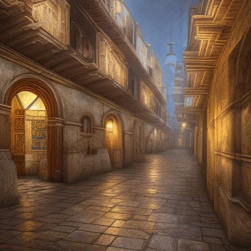 in an dark dirty underground city with many buildings pueblo, greek, and islamic architecture