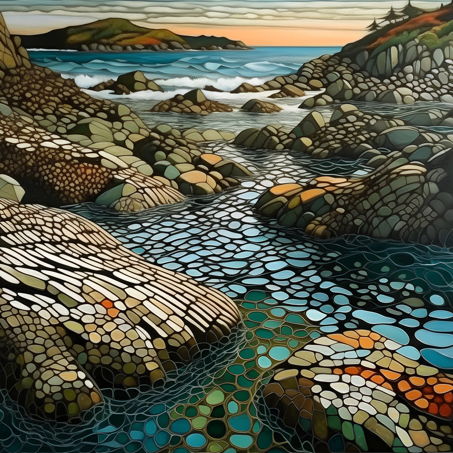 Pacific coastal tidal pools. Modifiers: fantastic view Ivan Bilibin patchwork minimalism Igor Dubovoy Yossi Kotler deeply saturated colour Alice Bailly Dramatic light and shadows mercury glass patina Svetlana Gadjieva Dark metallic tones, burnished patina clearly outlined linear forms with graceful curves Sweeping lines, bold shapes, abstracted v