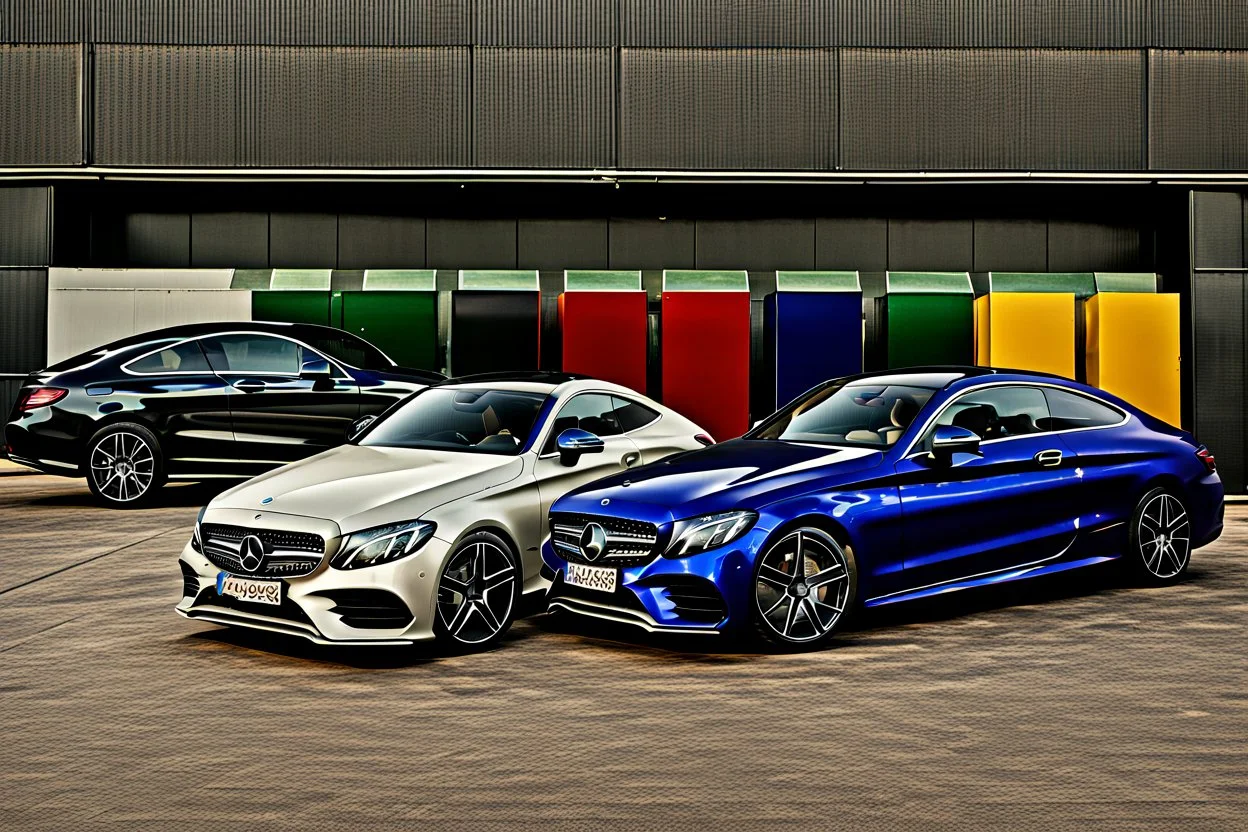 Sechs Mercedes Benz C 200 Coupe AMG-Line aufgereiht in verschiedenen Farben