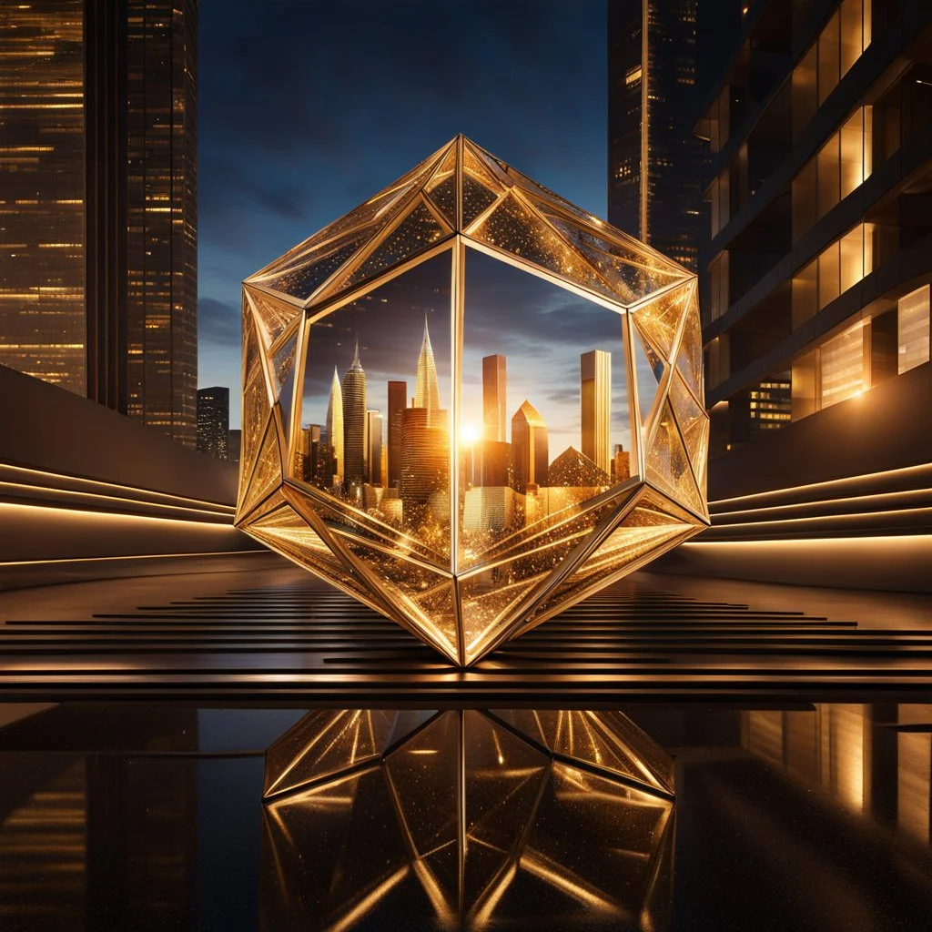 In a mesmerizing scene, envision 4 crystal symetric hexagonal prism repeating 3d mandelbolb fractal structure against the backdrop of a gleaming golden modern futuristic cityscape. Suddenly, without warning, the hexagonal prism begin to collapse and cascade to the floor, creating a symphony of light and sound as they shatter into a myriad of sparkling fragments. Explore the juxtaposition of beauty and destruction in this captivating moment.