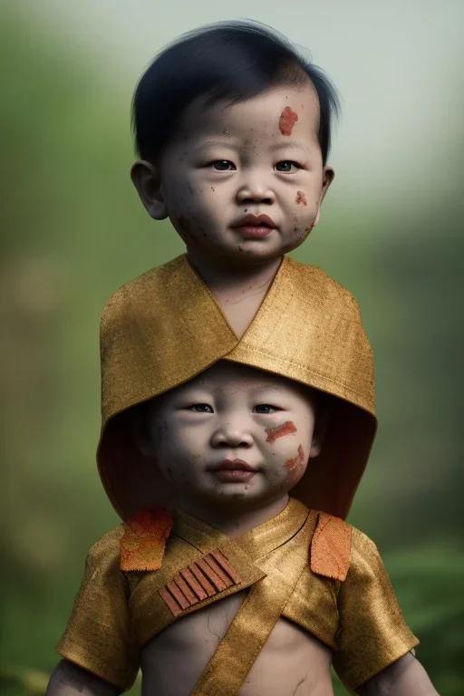 Thailand baby head portrait, warrior costume, village, meditation, woods, cyberpunk, 8k quality