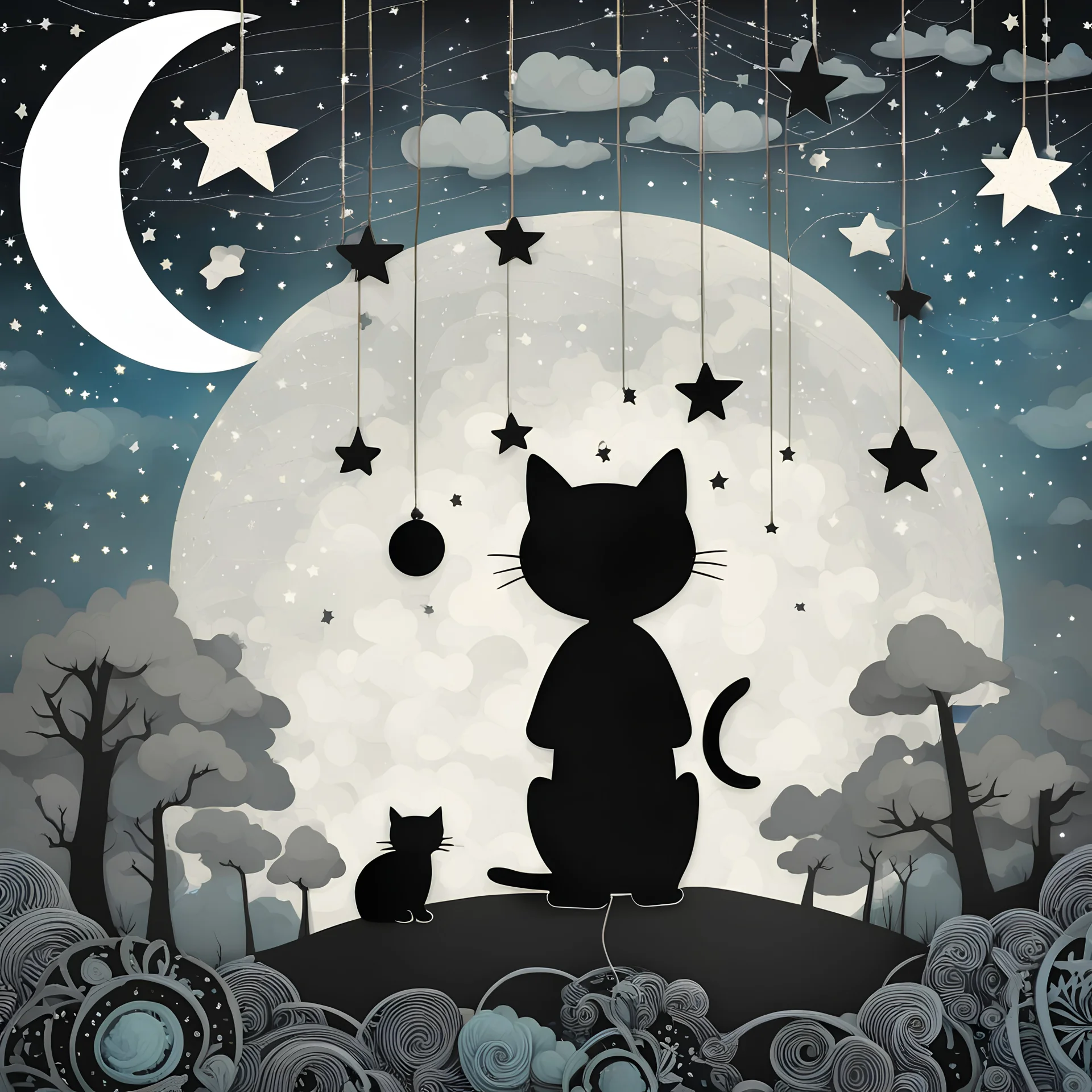 nighttime scene, little boy and adorable black cat made of 3d sculpted playdought, bioluminescent moon, stars hanging by strings, white zentangle clouds hanging by strings, 3d layered papercut style, paper mache, paper art, craft, digital art, black with contrast of white, anime art, a storybook illustration, gothic art