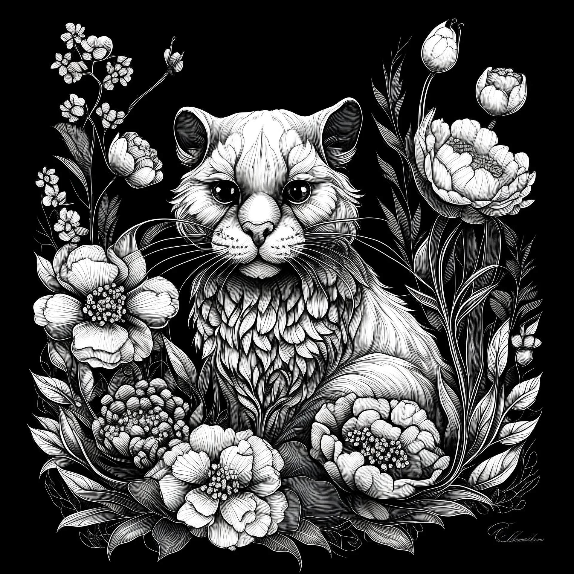 colorless tayra between seeds and big flowers black background .black and white colors. for a coloring. with grayscale