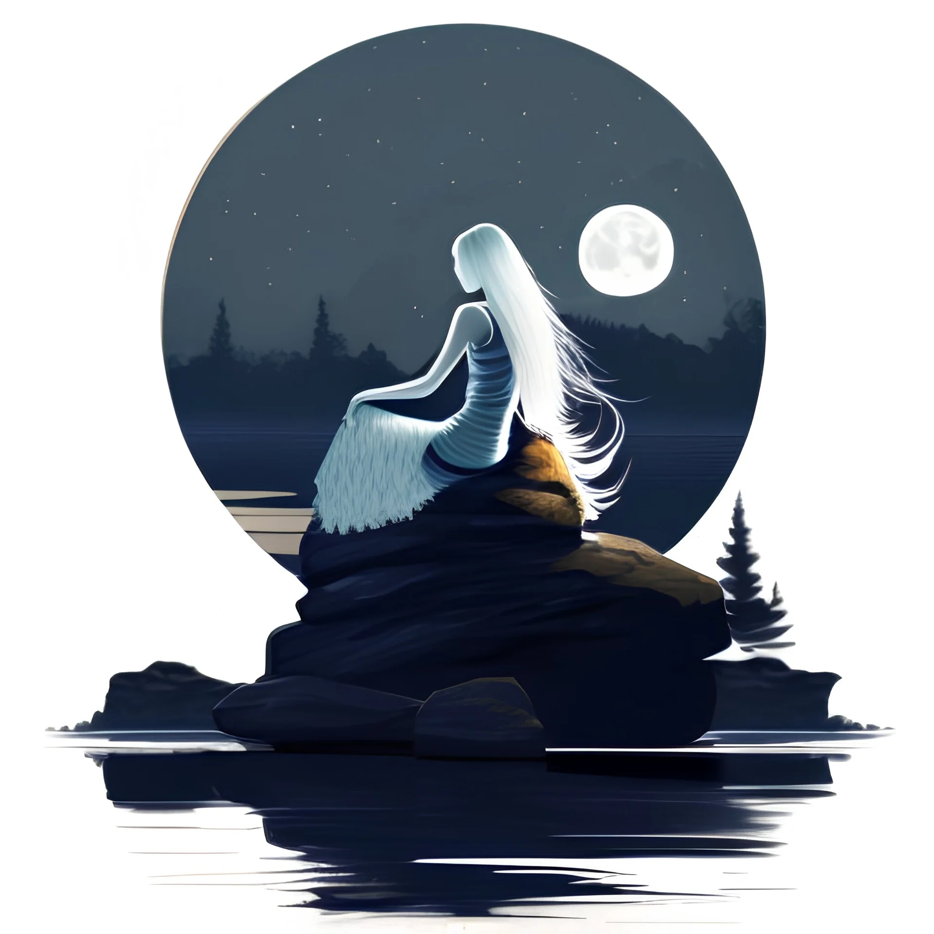 Afraid woman sitting on a rock on the moonlight