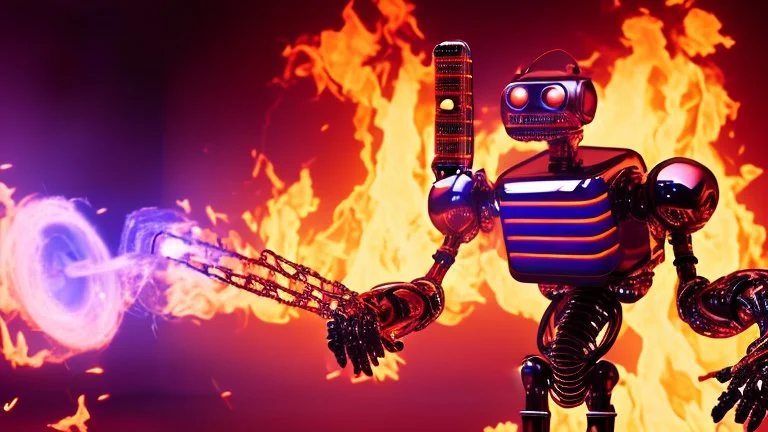 4K, robot-style terminator playing guitar in a burning radio studio.