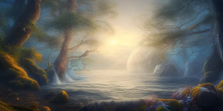 landscape, sea, chalice well, moon, forest, fantasy