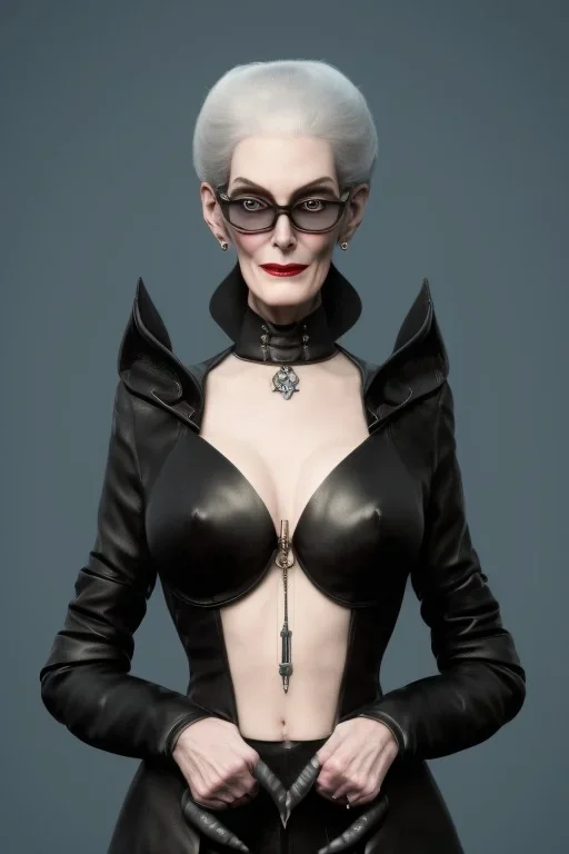 Carmen Dell`orifice as evil queen in black leather, leather, busty, cleavage, angry, stern look. character design by cory loftis, fenghua zhong, ryohei hase, ismail inceoglu and ruan jia. unreal engine 5, artistic lighting, highly detailed, photorealistic, fantasy