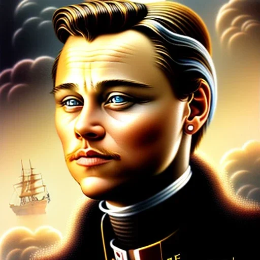  spray painted fantasy art, realistic portrait of leonardo di caprio looking dorky, movie poster, titanic for reference, book cover illustration