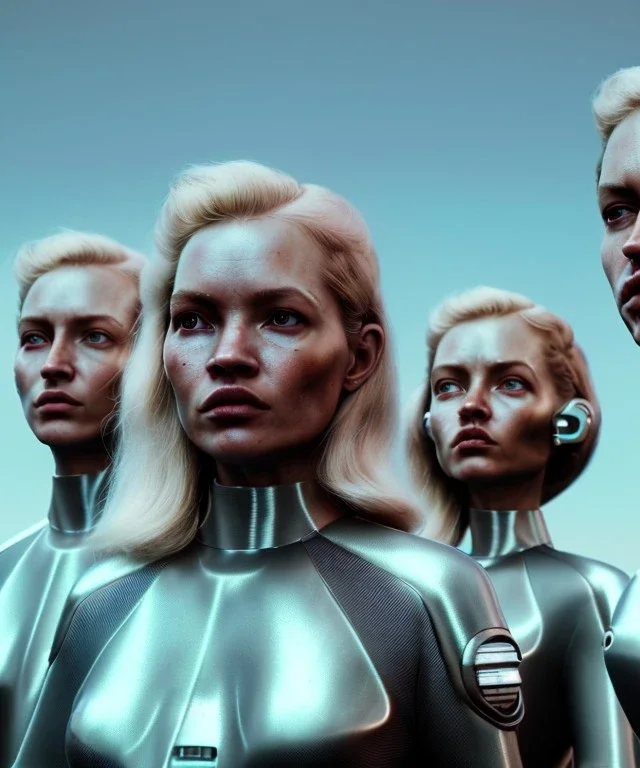 Ultra Realistic retro sci-fi movie scene, waist up view portrait, 3 clones blonde women, sweet young Kate moss face, perfect iris, glow eyes, face makeup. Mars and martians background, Retro sci-fi style, helmet, tight latex coat, fog, rain, soft color, highly detailed, unreal engine 5, ray tracing, RTX, lumen lighting, ultra detail, volumetric lighting, 3d, finely drawn, high definition, high resolution.