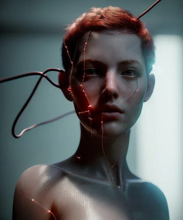 Ultra realistic photographic night portrait, cinematic, naked, short hair <sexy woman> <hanging wires> many wires coming out of the head <perfect pupil> <cyborg> <garage> <wide angle Shot> <sci-fi futuristic> <thriller>, fog, soft color, highly detailed, unreal engine 5, ray tracing, RTX, lumen lighting, ultra detail, volumetric lighting, high definition.