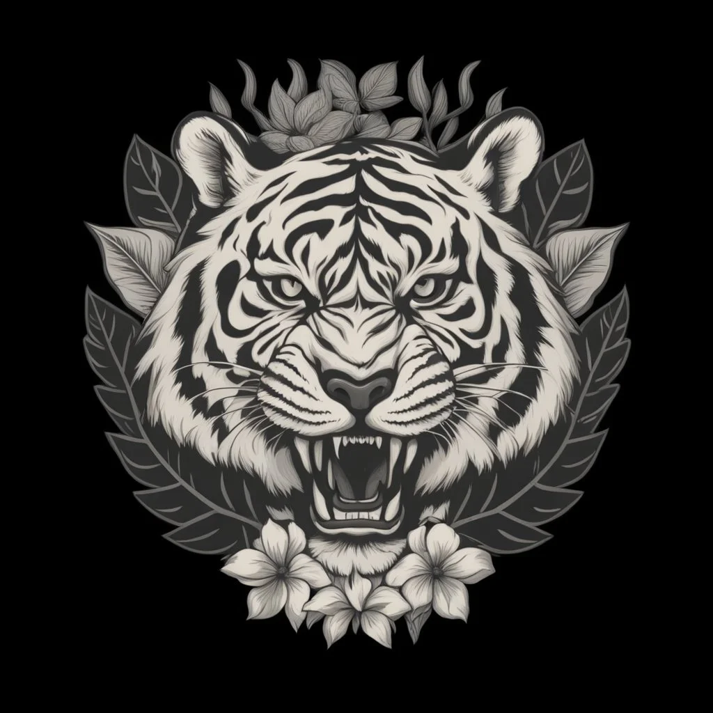 The picture is a black and white image of a tiger's head. The tiger has its mouth open and is showing its teeth. There are some leaves and a flower around the tiger's head. The image is on a white background.. Vintage T Shirt Design And Vector Illustration.Vector t shirt design on a white background