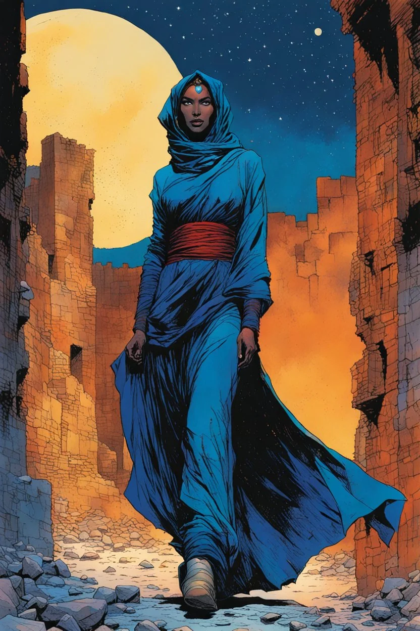 create an imaginative dynamic figure drawing of a Tuareg female, in traditional dress, with finely detailed facial features, in the ruins of Djado under the midnight sky, in the style of, Burne Hogarth, Bill Sienkiewicz, Mike Mignola, and Jean Giraud Moebius, finely textured, drawn, colored, and inked