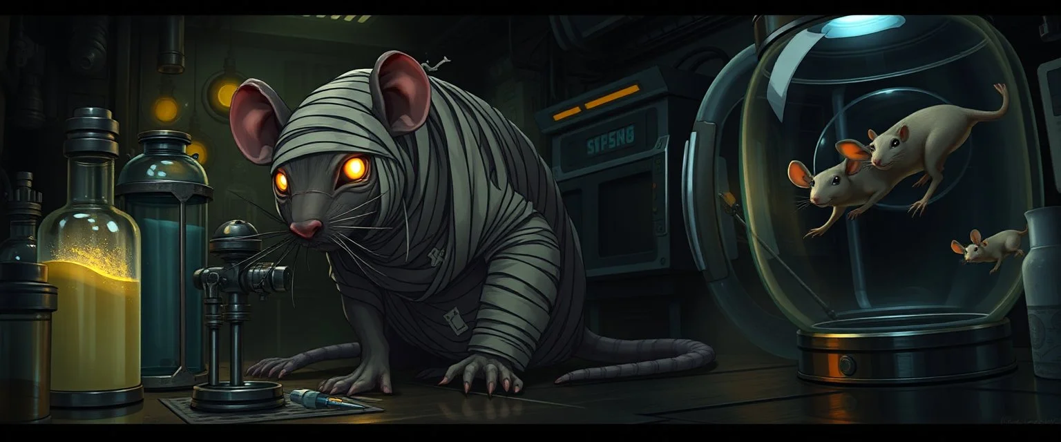 1️⃣ Lab Escape "A giant mummy rat with tattered bandages and glowing intelligent eyes hides among metallic lab equipment and glowing vials in a dim futuristic lab. It crouches cautiously, curious but wary. Nearby, a smaller rat is trapped in a glass cage, and another rat floats in a stasis pod. Dramatic chiaroscuro lighting in the style of Rembrandt, with anime-like expressive features on the rats, highlighting cleverness and tension."