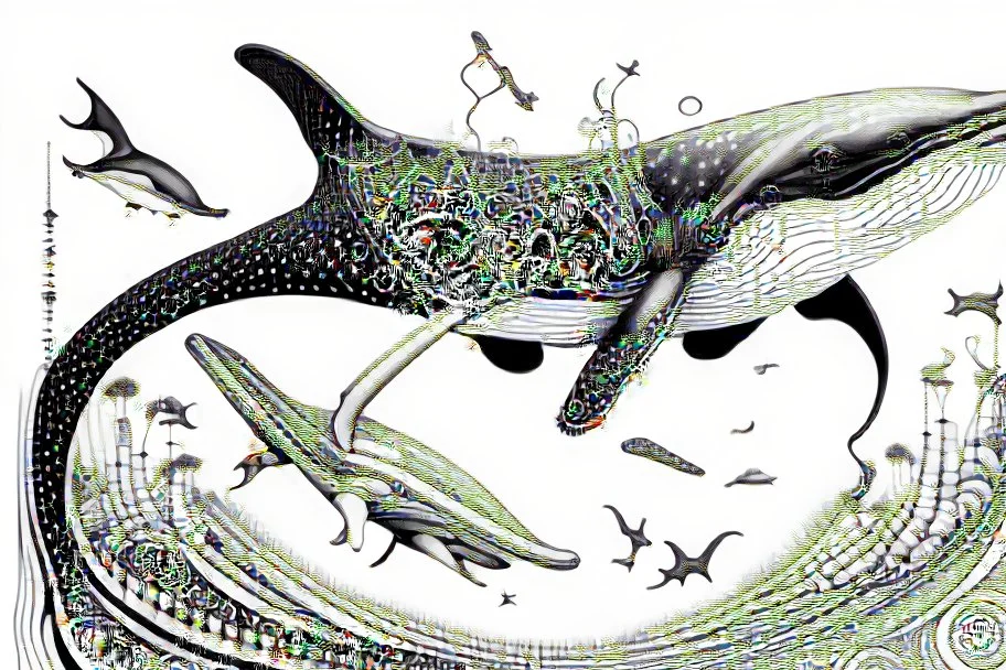 line drawing, of a beautiful surrealistic image of an orca and a flying elephant ;made exclusively of music symbols, background is horizontal parallel lines like staffs and piano keys at bottom, symbols are discernible, overall exquisitely detailed, elegant, extremely intricate, high definition, dope, innovative, line art, contemporary art, fractal pencil drawing,