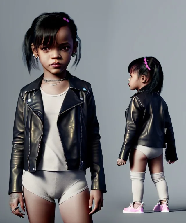 Rihanna toddler, full body, leather jacket, soft skin, dramatic lighting, hyper realistic