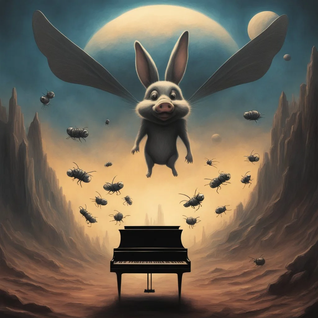 monochromatic black and white bugs bunny composer piano, diffrent planet, one swine pig piggy flying wasp angel, beksinski style daker theme dark black dark black monochromatic