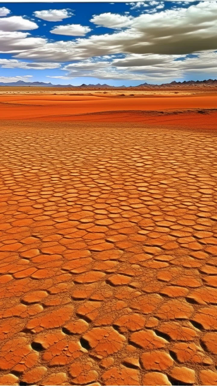 An orange colored arid wasteland with a dry lake painted by Jeffrey Kolker