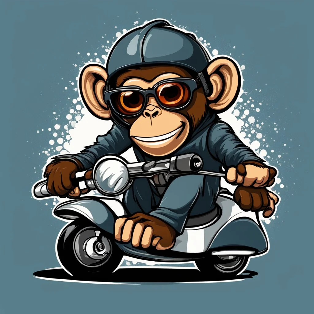 Monkey riding on a scooter making a wheelie with sunglasses on, cartoonize, logo